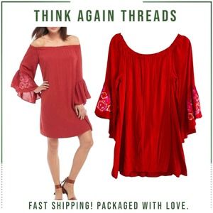 Lux II Red Embroidered Floral Off-The-Shoulder Bell Sleeve Mini Dress Size 4
